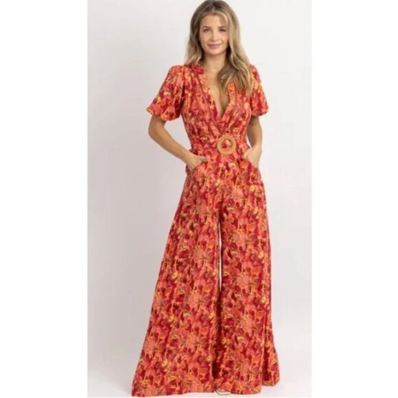 Mulla Cotton Floral Wide Leg Jumpsuit Belted Pink Orange Multicolor Small - Picture 1 of 16